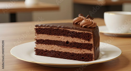 Decadent Chocolate Layer Cake Slice with Creamy Filling and Chocolate Ganache, Garnished with Swirls of Chocolate Mousse and Chocolate Shavings, Served on a White Plate with Gold Rim, Next to a Cup of