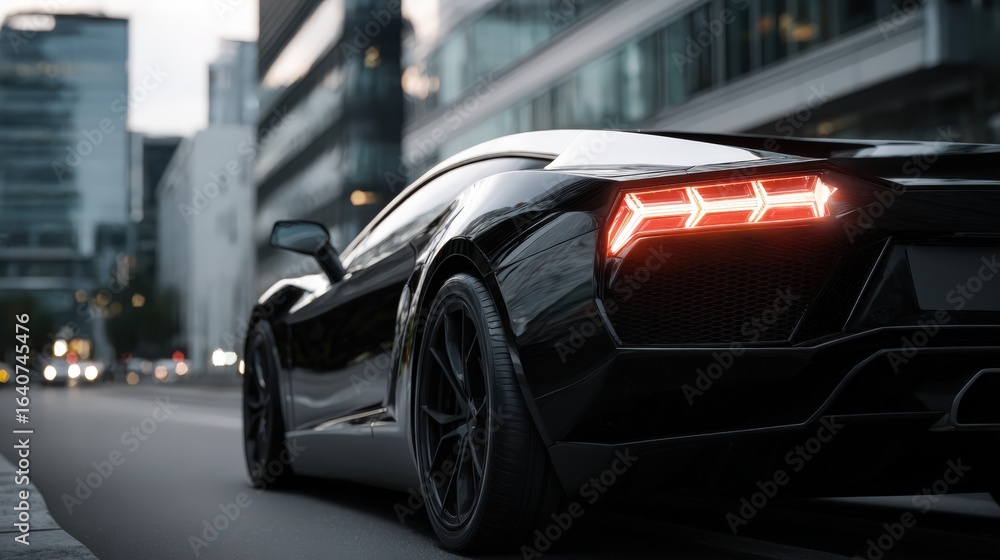 Fototapeta premium Sleek Black Sports Car Driving Through Urban Cityscape with Modern Architecture