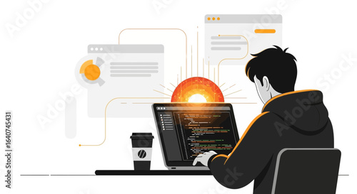 Dedicated coder immersed in development work with laptop and coffee for fuel