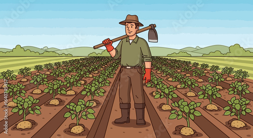 Dedicated Farmer Proudly Overseeing Potato Crop Cultivation on a Sunny Day