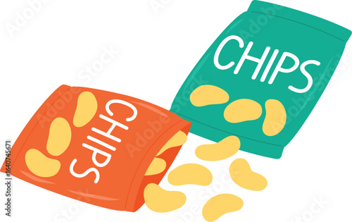 Hand Drawn Bags of Potato Chips, Party Snack for Children, Unhealthy Crisp, Opened Chips Package, Salted Flavor Fried illustration