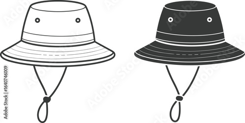 Vector bucket hat illustration, front view line art and filled version, outdoor sun hat with chin strap, camping and hiking fashion accessory