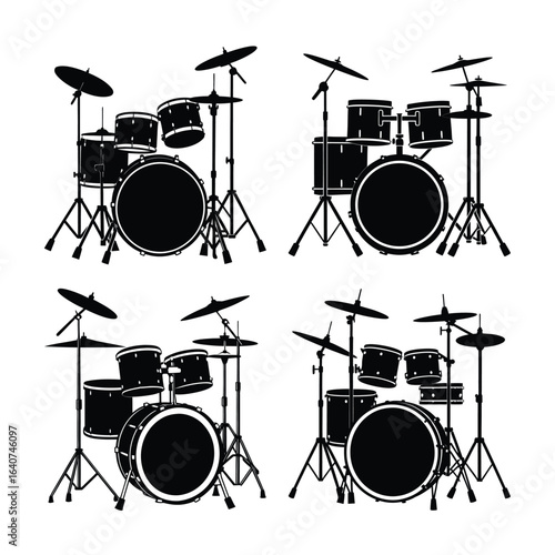 Four Drum Set Silhouettes in a Grid Pattern on White Background