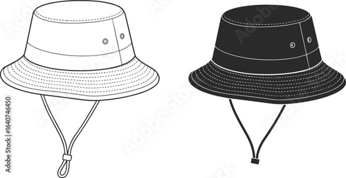 Vector bucket hat front view illustration, black and white version, casual outdoor sun hat with chin strap, summer fashion, hiking accessory