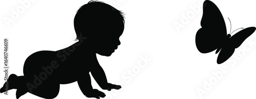 Crawling baby silhouette, butterfly in flight, child facing nature, curiosity and innocence moment, exploration theme art, minimal black outline, emotional interaction graphic.