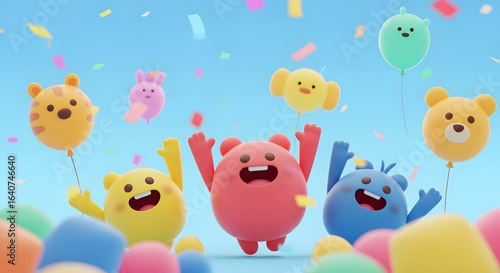 Cheerful Cartoon Characters Celebrate with Balloons and Confetti on Blue Backdrop