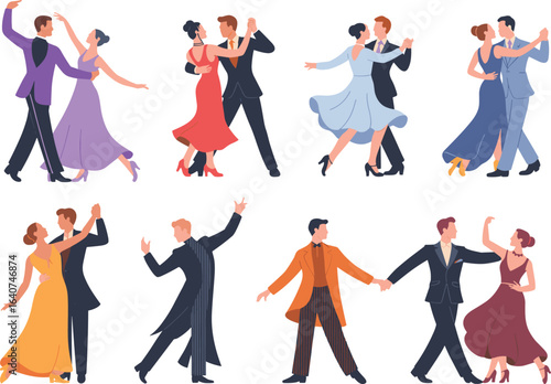 Vector illustration of elegant ballroom dancing couples in formal attire, classic dance poses, social dance event, vintage style