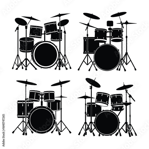 Four Drum Set Silhouettes Musical Instruments for Percussion and Rhythm