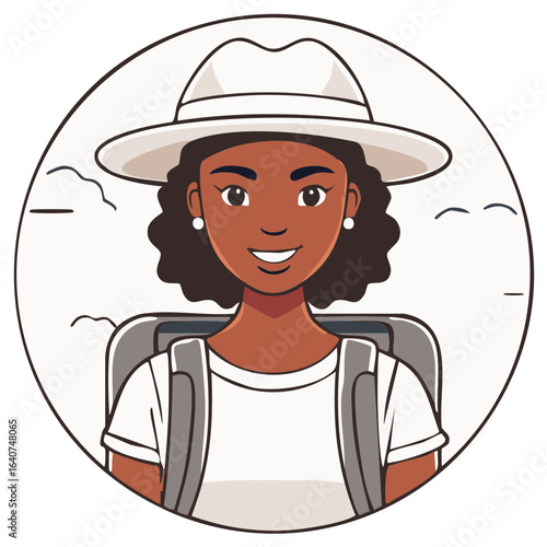 Woman wearing hat and backpack smiling with abstract background