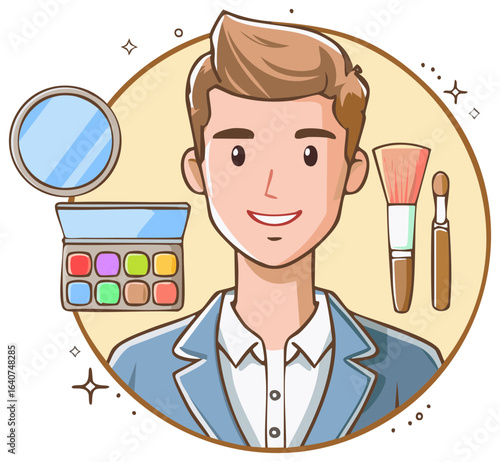 Cartoon male makeup artist with tools, palette and mirror