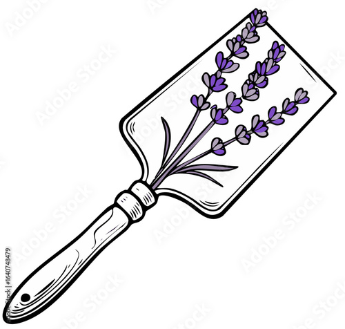 Garden trowel with lavender sprigs illustration in a sketched style