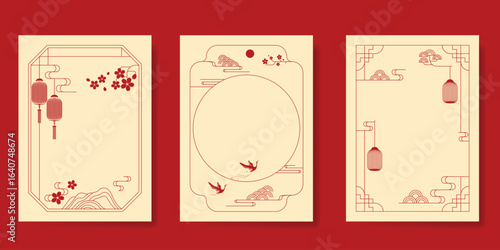 Chinese New Year poster vector set. Elegant card template design with frame, lantern, mountain, crane bird, flower, wave in red line art. Oriental illustration for cover, calendar, envelope, package.