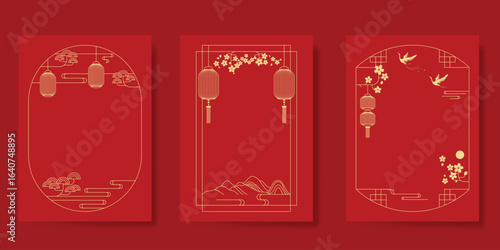 Chinese New Year poster vector set. Elegant card template design with frame, lantern, mountain, crane bird, flower in gold line art. Oriental illustration for cover, calendar, envelope, package.