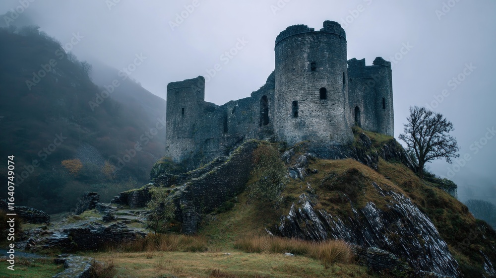 Fototapeta premium Misty ruins of a mountain castle