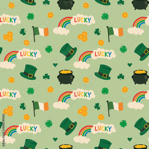 Vector seamless pattern with pastel green background featuring pot of gold coins, Irish flag, rainbow, cloud with "LUCKY" text, hat, and shamrock for St. Patrick’s Day.