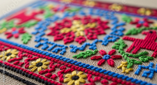 Macro detailed close-up of colorful handcrafted embroidered fabric texture