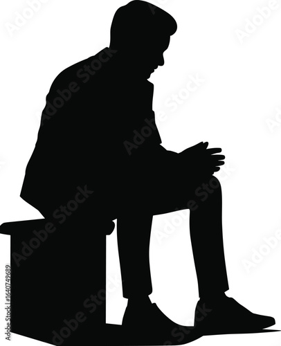 Contemplative person silhouette, sitting on bench, introspective pose, black figure art, emotional solitude, minimalist design, bowed head, hands clasped, quiet moment, abstract mood.
