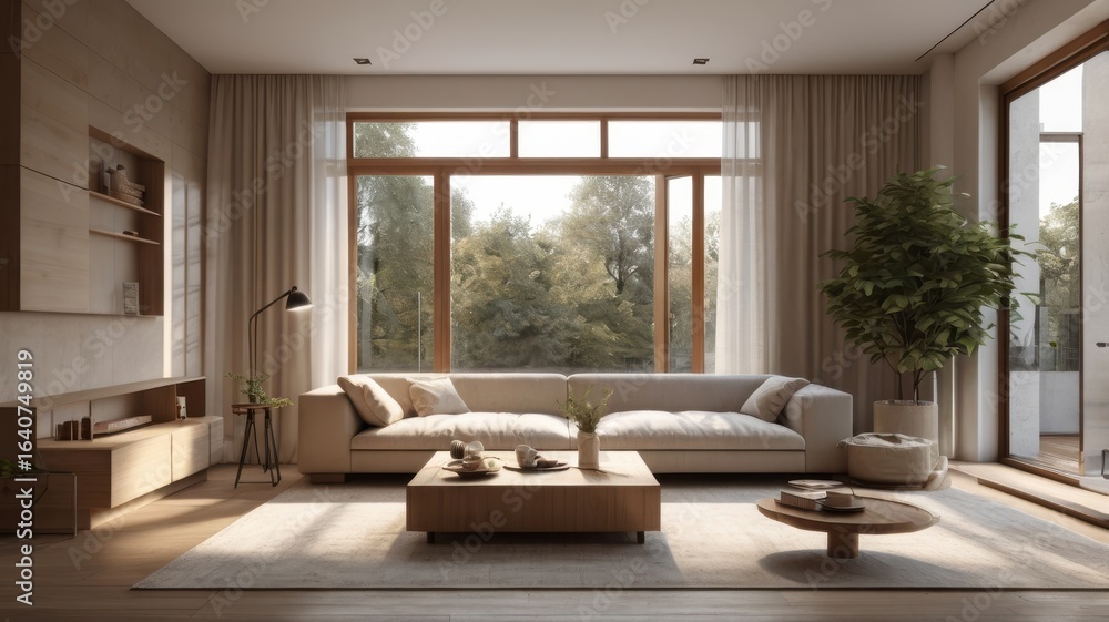 Fototapeta premium Serene Living Room with Natural Light and Garden View Through Large Window
