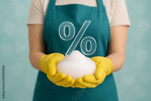Person in Yellow Gloves Holding Foam with a Percentage Symbol Above