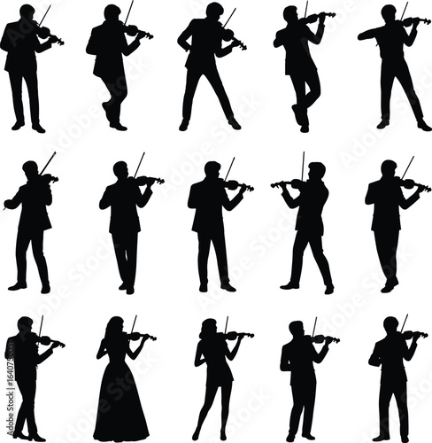 Violin player silhouettes, musical performance poses, standing violinist, dynamic musician shapes, female violinist in dress, black silhouettes, classical instrument, music movement.