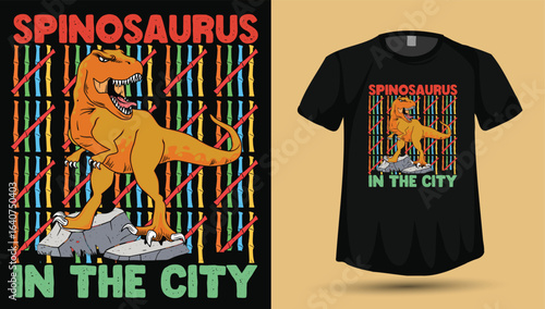 Spinosaurus in the City T-Shirt Design Vector, Urban Dinosaur Graphic, Cool Cartoon Dino Shirt Illustration

