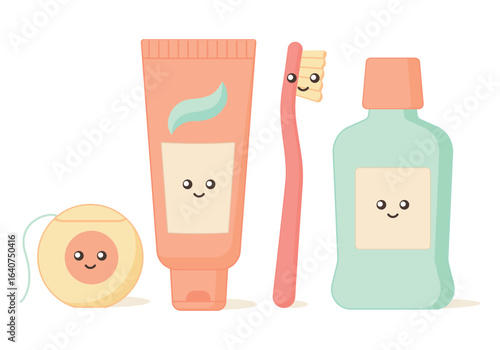 Oral and teeth care conception. Set of dental cleaning tools. Toothbrush and toothpaste, mouthwash, dental floss. Dental hygiene.