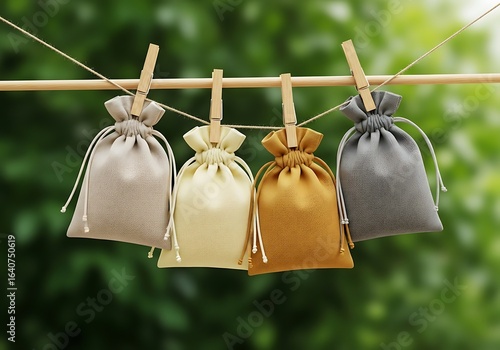 Four small drawstring pouches hanging on a clothesline outdoors