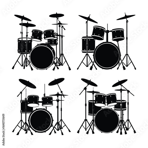 Four Drum Set Silhouettes Musical Instruments for Percussion and Rhythm