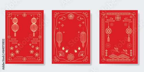 Chinese New Year poster vector set. Elegant card template design with frame, lantern, cloud, wave, flower, crane bird in gold line art. Oriental illustration for cover, calendar, envelope, package.