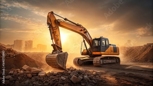 Excavator construction equipment heavy machinery earthmoving digger industrial vehicle sunset landscape
