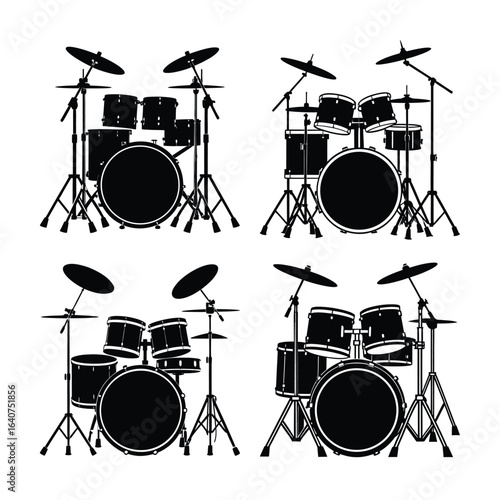 Four Drum Set Silhouettes Arranged in a Square Pattern on White Background