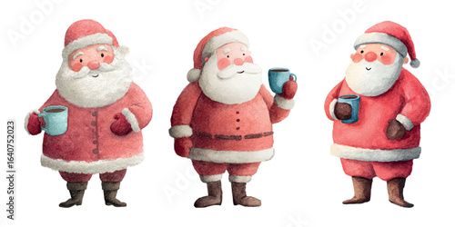 Set of cute Santa Claus holding a cup with a hot drink. Cute Santa drawn in watercolor. Cute Christmas and New Year characters. Elements for Christmas and New Year designs