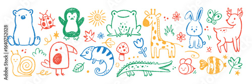 Set of cute animals with organic texture of crayon, chalk or pastel . Bear, giraffe, dear, bunny. Color vector illustration on a white background.