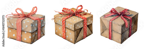 Set of kraft gift boxes decorated with chevron ribbon. Christmas gifts packed in eco-friendly kraft paper and cardboard. Concept of eco-friendly packaging for Christmas. Vector illustration.