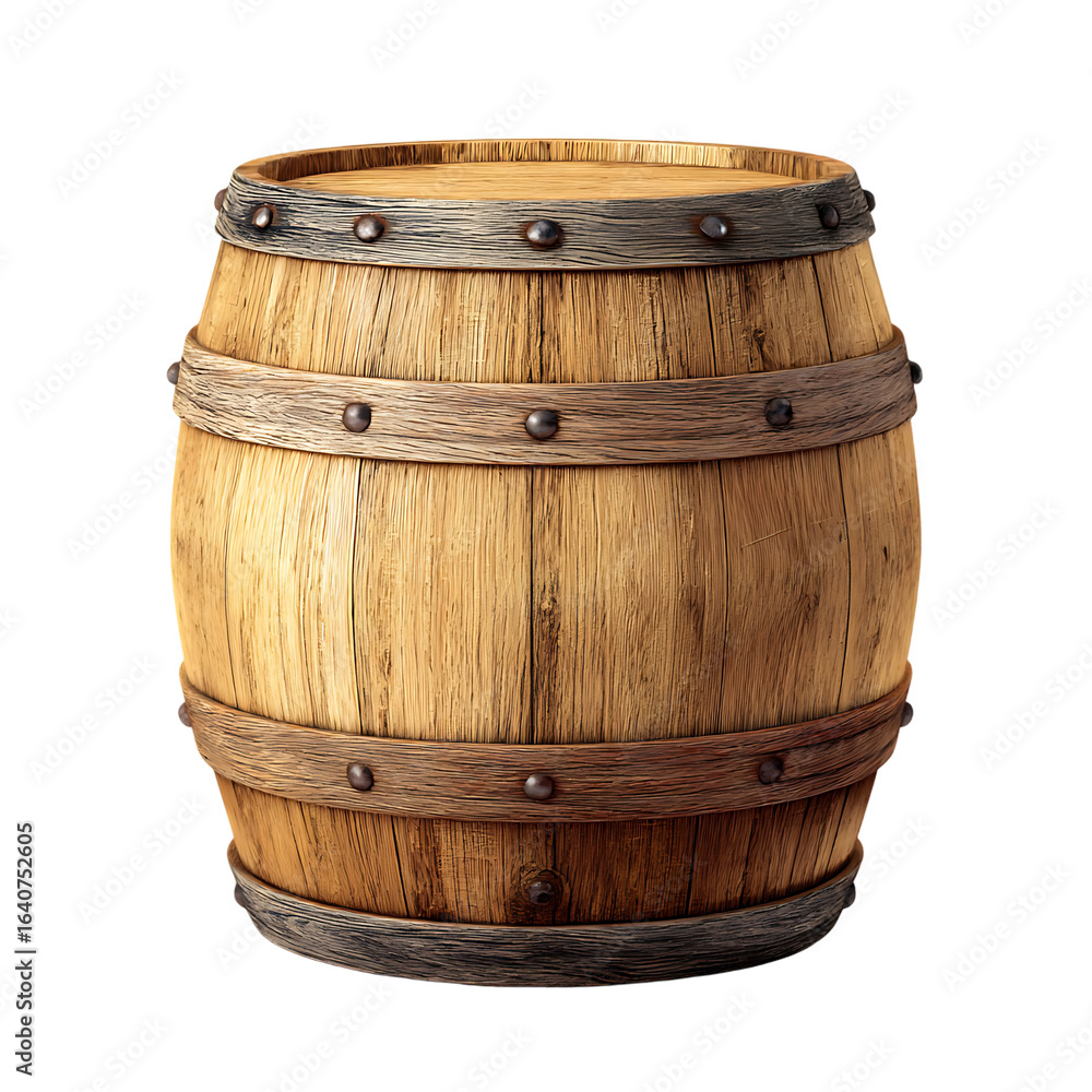 Obraz premium Wooden barrel with metal bands and rivets.