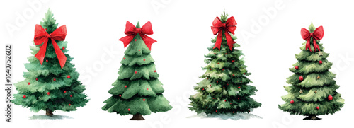 Watercolor set of Christmas trees decorated with a large red bow. Christmas tree decorated with a large red bow made of red velvet. Vintage Christmas tree decor. Christmas elements.