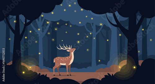 Deer Gazing At Fireflies A Magical Evening In The Woods Concept