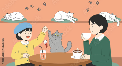 Delightful cartoon illustration showcasing a cozy cat cafe with customers and feline friends