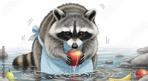 Delightful Raccoon Illustration Washing an Apple in a Stream with other Fruits nearby creating a whimsical scene
