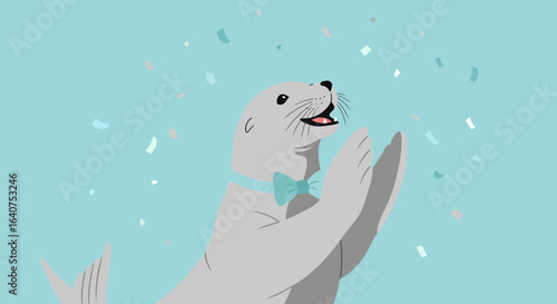 Delightful Seal Celebration: A charming cartoon illustration of a joyful seal celebrating a special occasion under a shower of confetti