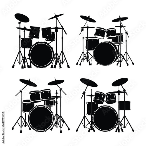 Four Drum Set Silhouettes Arranged on a White Background