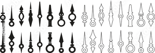 Clock hand icon set in flat, line style. Vintage timepiece pointer vectors, antique watch needle silhouette, retro dial indicator symbol, classic timer illustration isolated on transparent background.