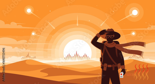 Desert Explorer in a Post-Apocalyptic World with Meteor Showers and Mysterious Skyline
