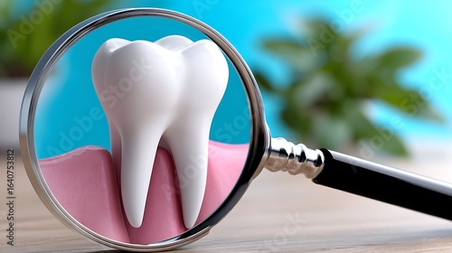 Close-Up View of Tooth with Gum Tissue Under Magnifying Glass in Dental Studio