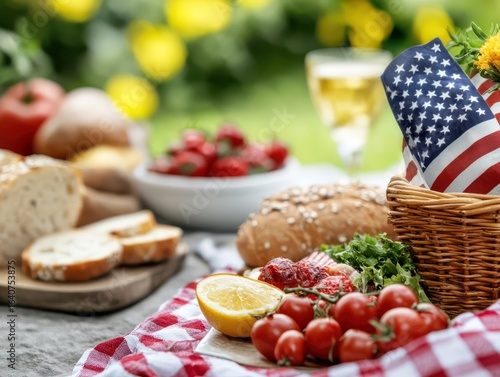 A vibrant picnic setup with fresh bread, cherry tomatoes, strawberries, lemon, and an American flag in a basket on a red checkered cloth.