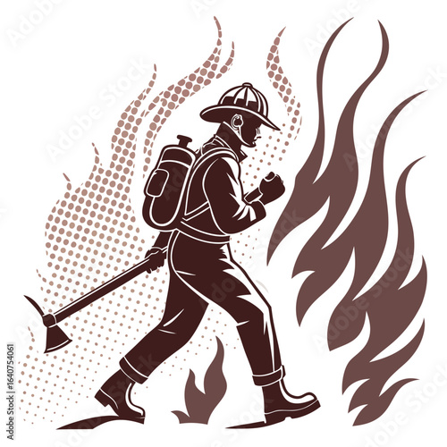 Brave Firefighter Walking through Flames with Axe and Oxygen Tank Illustration