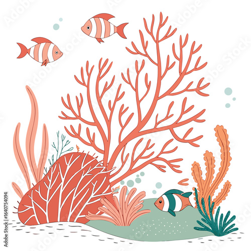 Cartoon coral reef scene with striped fish and various aquatic plants