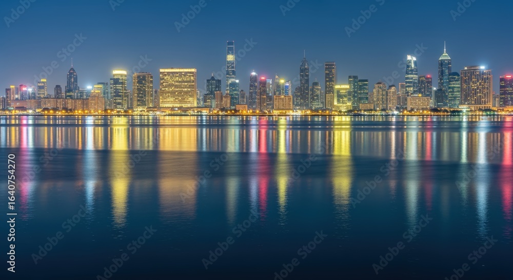 Fototapeta premium Illuminated Cityscape at Night Reflecting on Water, Modern Urban Skyline with Glowing Buildings