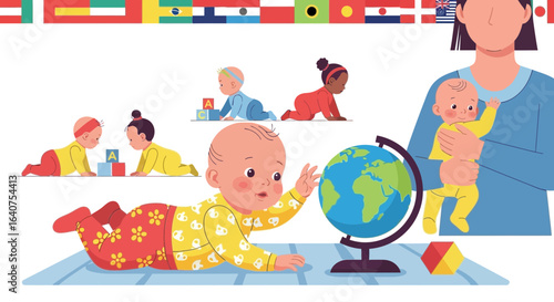 Diverse Babies Explore The World Learning And Playing With Flags And A Globe