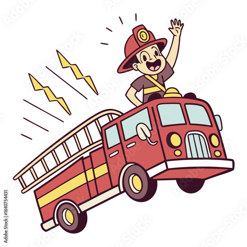 Cheerful Firefighter on a Red Firetruck with Yellow Ladder Racing to Rescue